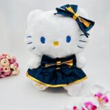 White Kitty Plush Toy with navy blue and gold satin bow dress