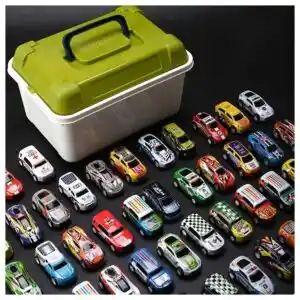Mini Die-Cast Cars Set in green carrying case with multiple toy race cars