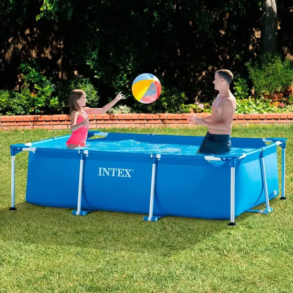 Intex Frame Rectangular Pool blue family pool with metal frame outdoors